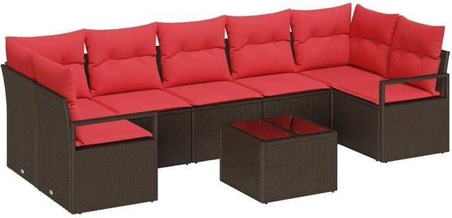 vidaXL 8-teiliges Gartenmöbel Set aus Poly-Rattan in Braun und Rot mit Tisch und Polsterkissen - Bild 1
