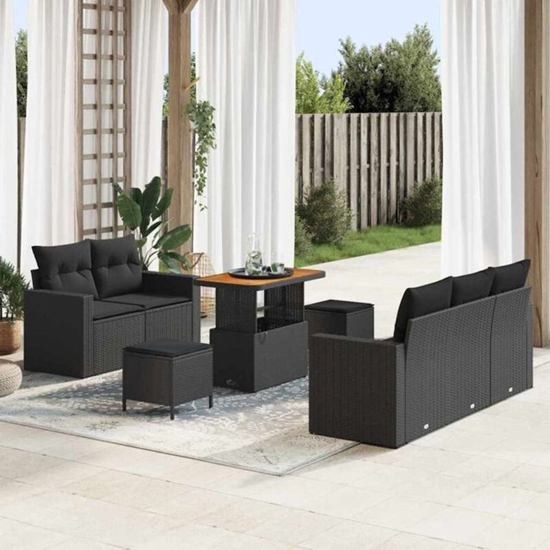 Vidaxl Polyrattan Garten-Sofa-Set mit 8 Teilen und Kissen in Schwarz, modernes Loungemöbel-Set aus Polyrattan und Metall, B/T/H: 90 x 55 x 71 cm - Bild 1