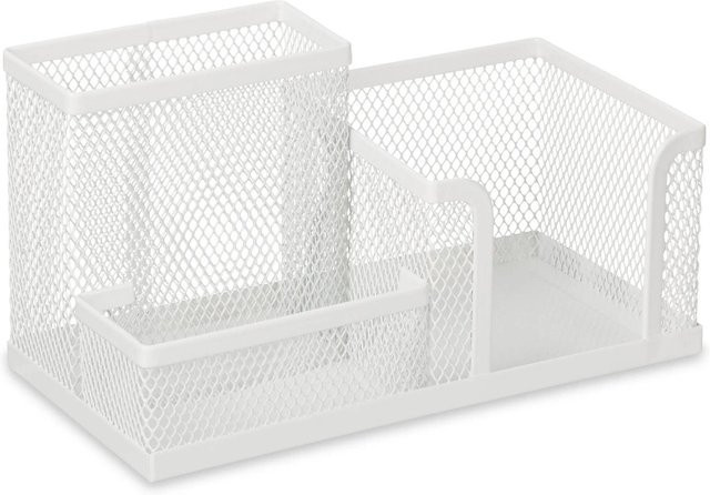 Relaxdays Schreibtisch-Organizer aus Stahl mit 3 Fächern und Mesh-Design, Weiß, B: 10 cm, T: 18,5 cm, H: 9,5 cm - Bild 1