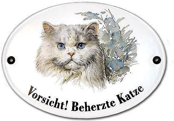 Katzenschild Vorsicht beherzte Katze aus Emaille von Muldenthaler Emaillierwerk, Mehrfarbig, B: 18,3 cm, H: 14,3 cm - Bild 1
