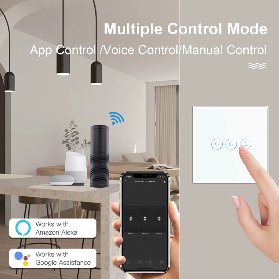 BSEED WIFI Smart-Lichtschalter mit Glaspanel in Weiß für Tuya Smart Life App, moderner WLAN-Wandschalter als 1/2/3-fach Ausführung - Bild 2
