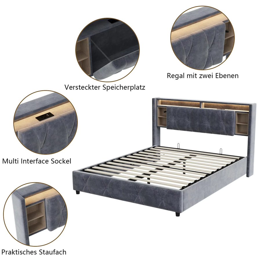 Anajqaqia Polsterbett aus Samt mit Stauraum, LED-Beleuchtung und USB-Anschluss, Plattformbett in Grau, B/T: 140 x 200 cm - Bild 3