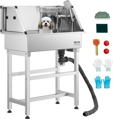 VEVOR Hundewaschstation aus Edelstahl in Silber mit Wasserhahn, Duschkopf und Seifenhalter, B/T/H: 87,0 x 49,0 x 122,5 cm - Bild 1