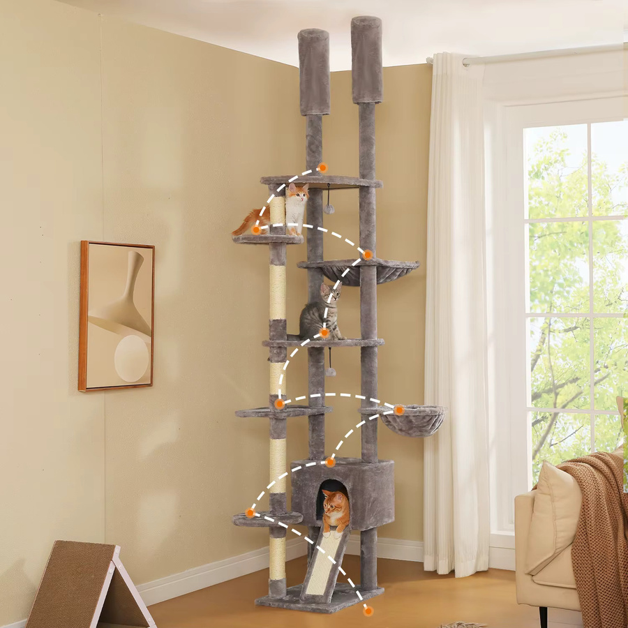 PAWZ Road Höhenverstellbarer Katzenturm in Grau mit Sisal-Kratzstamm, Hängematte, Katzenhöhle und integriertem Spielzeug - Bild 1
