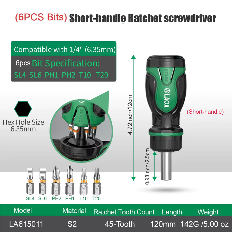 LAOA Professionelles Ratschenschraubendreher-Set mit kurzem Schaft und Schnellwechsel-Bit für Elektriker, 6,35 mm Schnittstelle - Bild 5