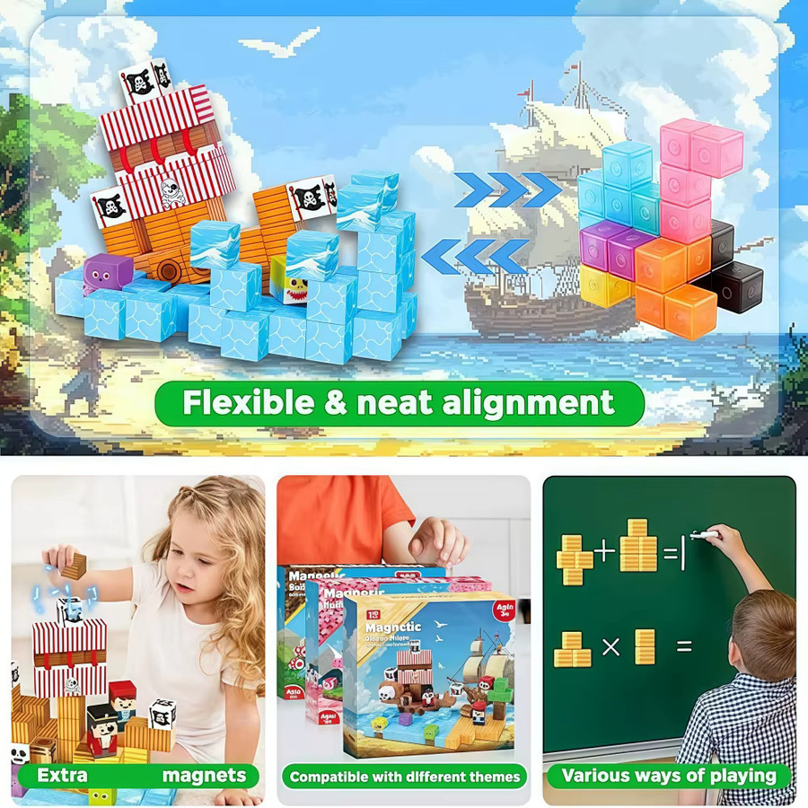 HUATEC Piratenschiff Magnetfliesen Set mit Montageset, 100 Stück, Mehrfarbig, STEM Lernspielzeug aus Kunststoff für Kinder ab 3 Jahren - Bild 5