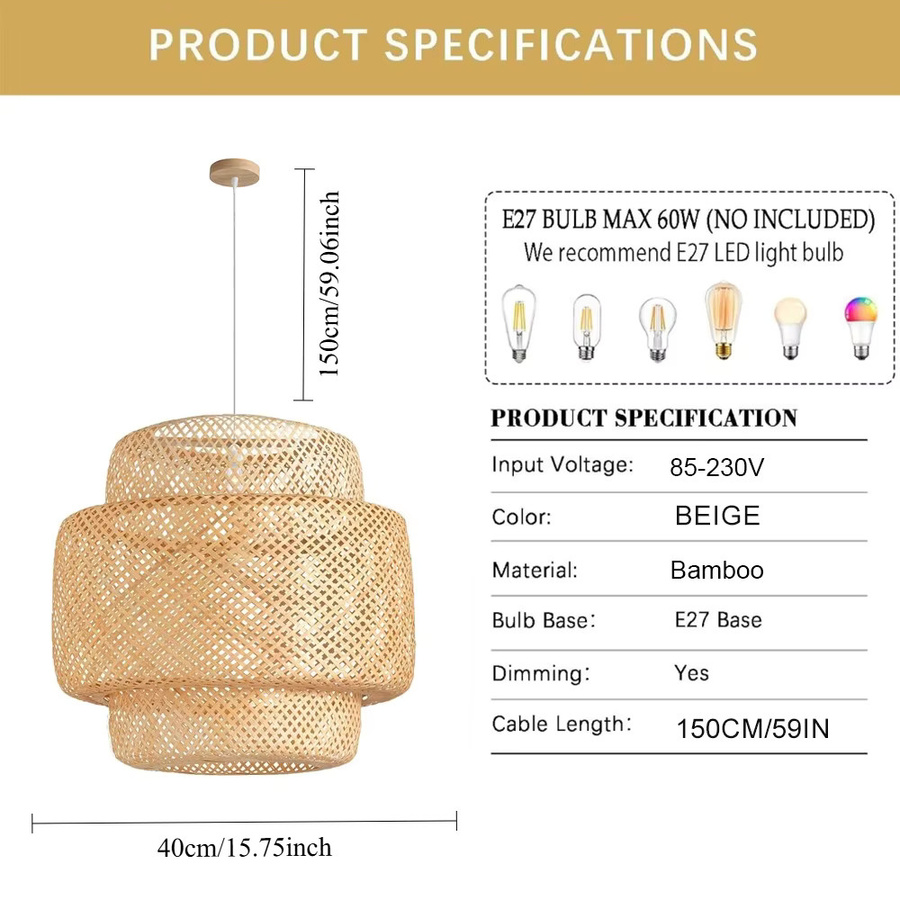 JOYINLED Bambus-Pendelleuchte aus Rattan in Beige, runde Hängelampe im Bauernhaus-Stil für Wohnzimmer, Esszimmer und Schlafzimmer - Bild 5