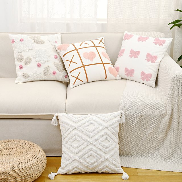 BUYNOW Kissenbezug mit Blumenstickerei und Schleifen im Boho-Design, Weiß, B/B/H: 45 x 45 x 45 cm - Bild 1