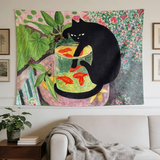 VIKAMA Wandteppich Die Katze und der Fisch in Multicolour - Bild 1