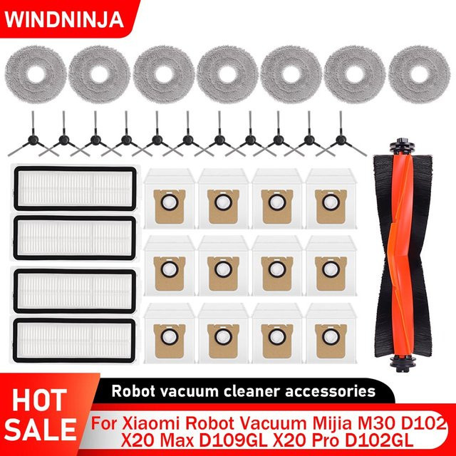 WINDNINJA Zubehör-Set für Xiaomi Roboterstaubsauger Mijia M30 D102 X20 Max D109GL X20 Pro D102GL mit Staubbeuteln, Seitenbürsten, Hauptbürsten, Wischpads und HEPA-Filtern - Bild 1