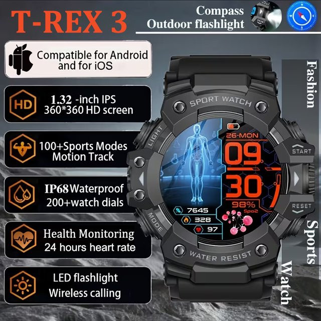 BOXUXING T-REX 3 Militär Outdoor-Smartwatch für Herren mit Bluetooth, Herzfrequenzmessung, Anruffunktion und Kompass, IP68 wasserdicht - Bild 1