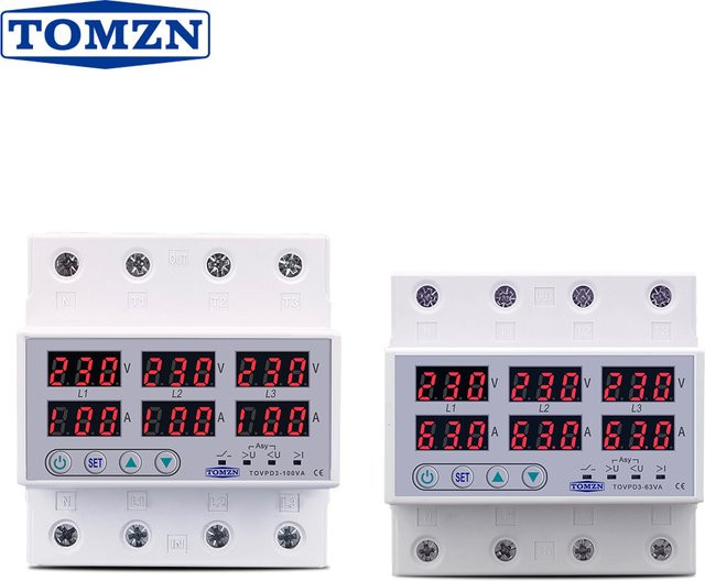 TOMZN TOVPD3-63VA 3-phasiges Über- und Unterspannungsschutzrelais mit Stromschutz für die DIN-Schiene, 3 x 220 V, 380 V AC, Weiß - Bild 1