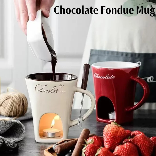 XMSJ Schokoladen-Fondue-Set aus Keramik in Rot inklusive Gabeln und Kerze - Bild 1