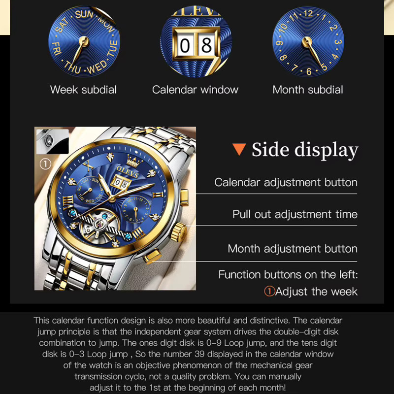 OLEVS Armbanduhr, Automatik, Edelstahl, Blau, Herren - Bild 3
