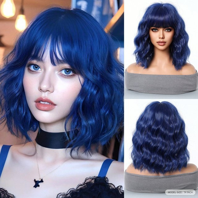 Blaue Bob-Perücke, kurz gewellt, 14 Zoll, synthetisch, Unisex - Bild 1