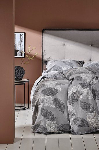 Jotex Bettbezug FANNY aus Bio-Mako-Satin in Grau mit floralem Naturmuster - Bild 1