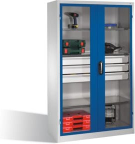 C+P Werkzeugschrank mit Sichtfenster-Drehtüren, 4 Böden und 3 Schubladen, Front Enzianblau, Korpus Lichtgrau, H: 195 cm, B: 120 cm, T: 50 cm - Bild 1