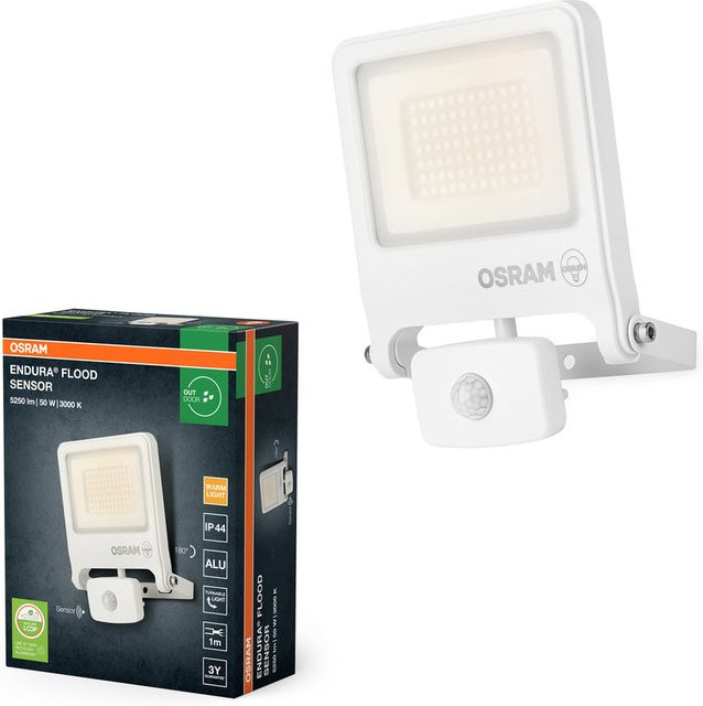 Osram Endura Flood LED-Fluter in Weiß mit Bewegungsmelder und Dämmerungssensor, 50W, 5000 Lumen, 3000K Warmweiß, IP65 - Bild 1