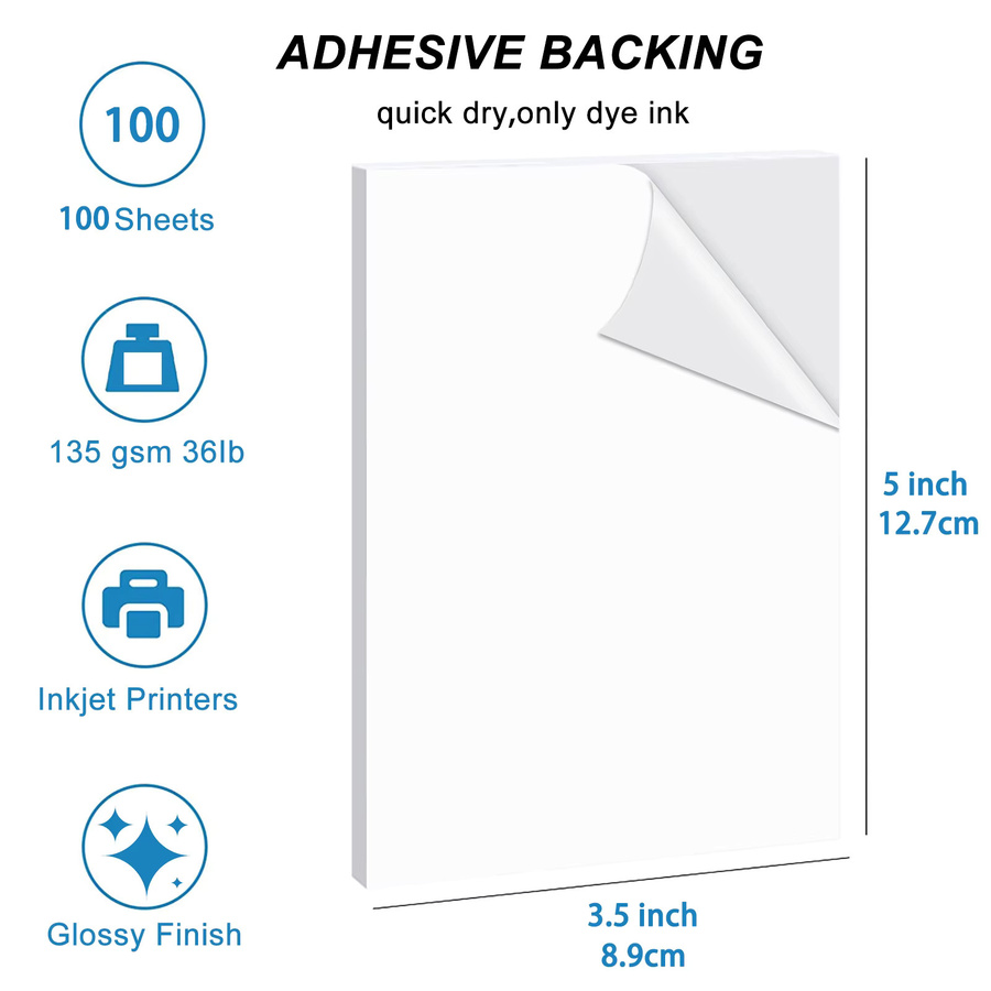 ESHANG Selbstklebendes Fotopapier Glänzend für Tintenstrahldrucker, 100 Blatt, Weiß, 3,5 x 5 Zoll, 135 g/m², Nur für Farbstofftinte - Bild 2