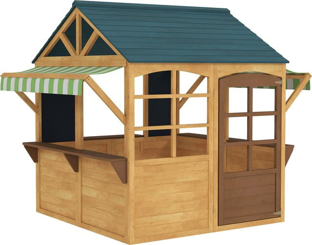 Aosom AIYAPLAY Spielhaus aus Holz für Kinder von 3 bis 8 Jahren, faltbares Outdoor-Gartenhaus mit Fenstern, Tür und Regendach - Bild 1