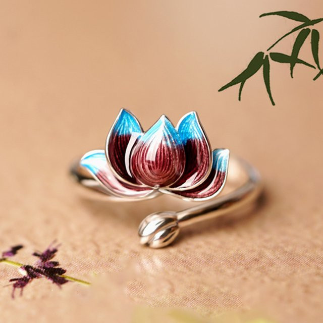 Lotus Blume Öffnungsring, 925 Silber, Blau, Cloisonné - Bild 1