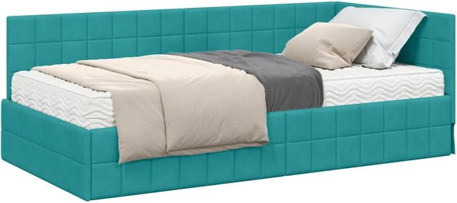 vidaXL Eckbettgestell mit 2 Matratzen und Kopfteil aus Samt in Türkis, B/T/H: 90 x 190 x 72 cm - Bild 1