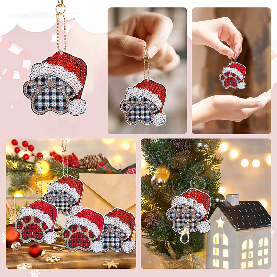 16er Set DIY Diamantmalerei Schlüsselanhänger mit Weihnachtsbaum und Pfoten-Motiven in Multicolour - Bild 3