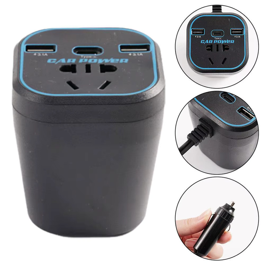Multifunktions Auto-Wechselrichter Konverter von 12 V/24 V auf 110 V/220 V mit USB-C Schnellladegerät und Buchse in Schwarz - Bild 3