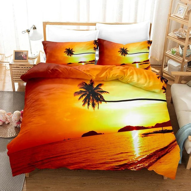 Bettwäscheset Goldener Sonnenuntergang mit tropischem Strandmotiv in Gold und Orange, bestehend aus Bettbezug und Kissenbezug, Breite: 135 cm, Länge: 200 cm - Bild 1