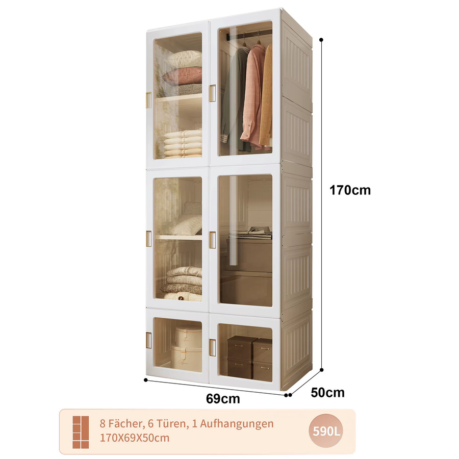 Anajqaqia Kleiderschrank mit Kleiderstange und magnetischen Türen, faltbarer Mehrzweckschrank für Schlafzimmer und Wohnzimmer, Weiß, B/T/H: 69 x 50 x 170 cm - Bild 2