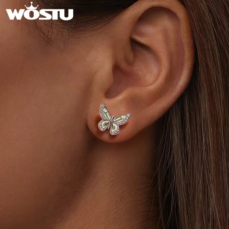 WOSTU Ohrstecker, 925 Silber, platinierte Zirkon, grün, Schmetterling, Damen - Bild 2