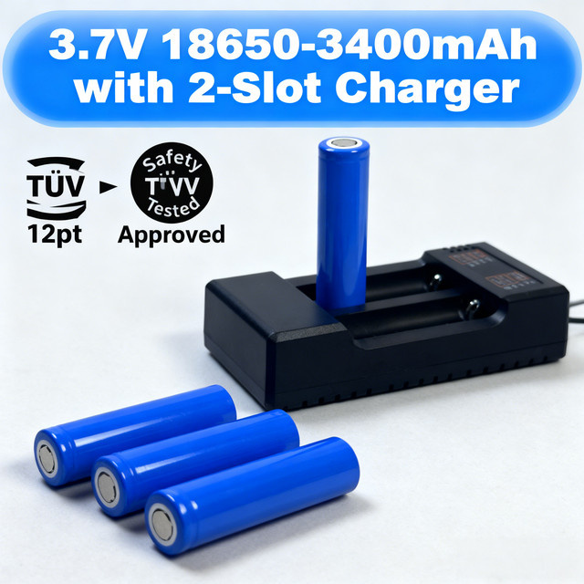 Lerp 18650 Akku-Set mit Dual-Ladegerät, 2er-Pack 3400mAh Flat Top, ungeschützte Hochleistungsbatterien in Blau - Bild 1