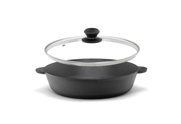 4BIG.fun Gusseisenpfanne mit Glasdeckel Ø 26 cm, Induktionsgeeignete Schmorpfanne und Bräter