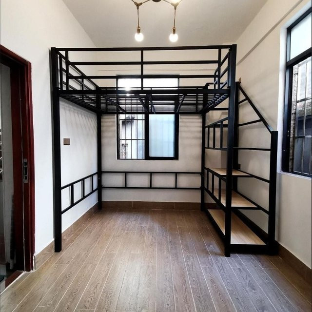 Hochbett aus Metall im Industrial-Design für Erwachsene, Loft-Kleinapartment mit Platz unter dem Bett, Schwarz, B/T: 120 x 200 cm - Bild 1