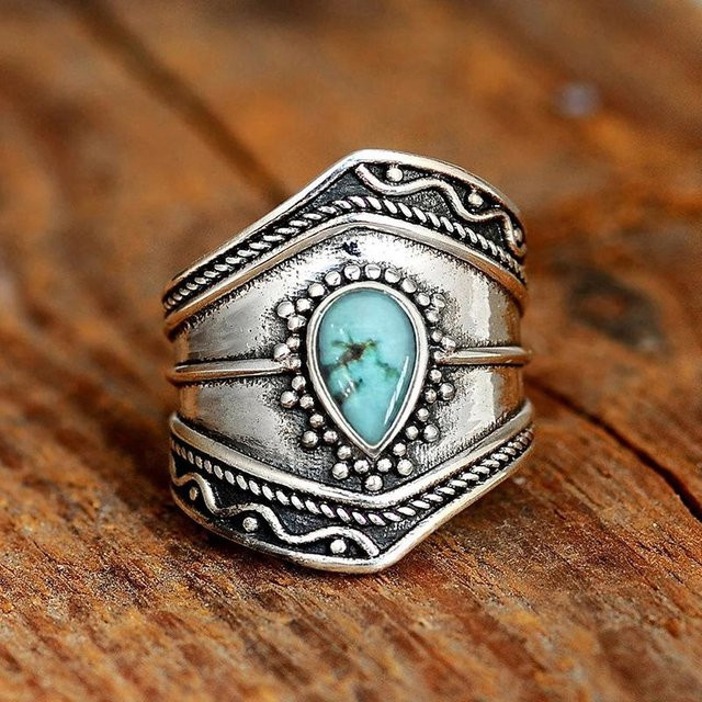 Retro-Ring Damen, Messing, Türkis-Imitation, Zirkonia, Schwarz - Bild 1