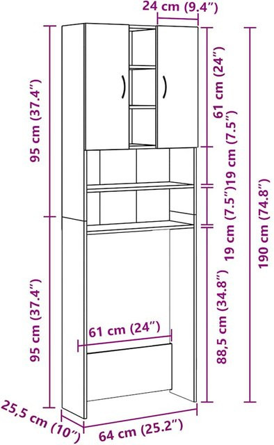 Waschmaschinen-Schrank Yiwydaa Artisan Eiche, Farbe Braun, B/T/H: 64 x 25,5 x 190 cm - Bild 1