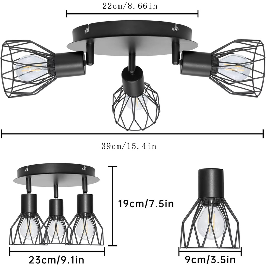 JOYINLED Deckenleuchte im Industriestil mit 3 Köpfen, Schwarz, E14, für Wohnzimmer, Flur und Schlafzimmer - Bild 2