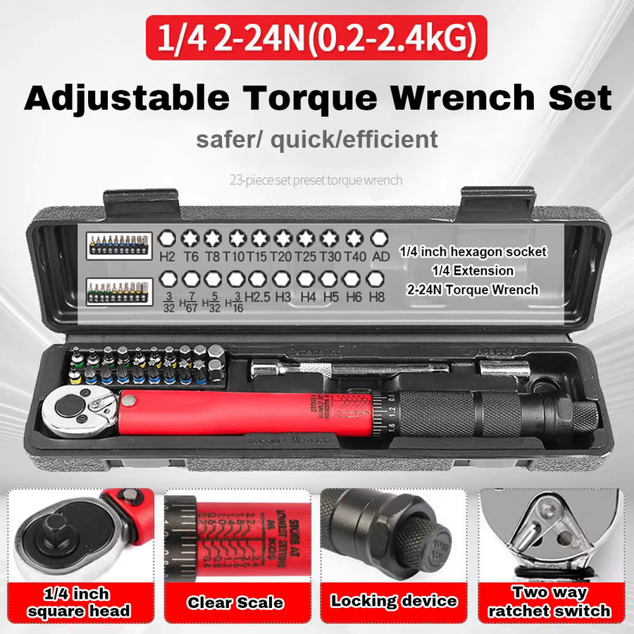 Einstellbares Drehmomentschlüssel Set mit 1/4 Zoll Antrieb, 2-24 N.m, Farbe Rot für Fahrrad, Motorrad und Auto Reparatur - Bild 2