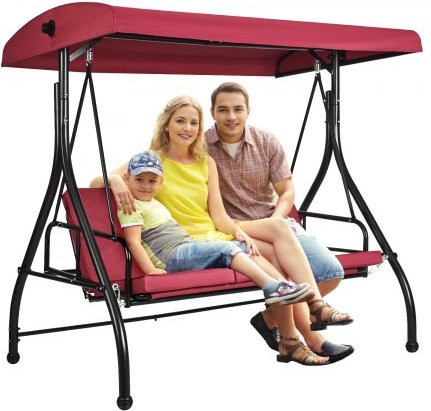 VEVOR 3-Sitzer Terrassenschaukel mit verstellbarem Baldachin und abnehmbaren Kissen aus Polyester, Rahmen aus lackiertem Stahl, Farbe: Rot - Bild 1