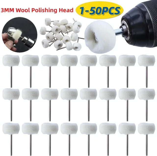Mini-Woll Polierkopf mit 3mm Schaft, Weiße Polierbürste für Bohrer und Rotationswerkzeuge - Bild 1