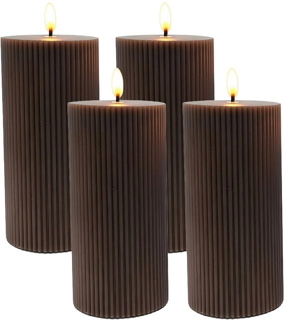 Relaxdays LED Kerzen 4er Set in Coffee mit Rillen-Design aus Echtwachs, flackernder Effekt, Höhe: 18 cm - Bild 1
