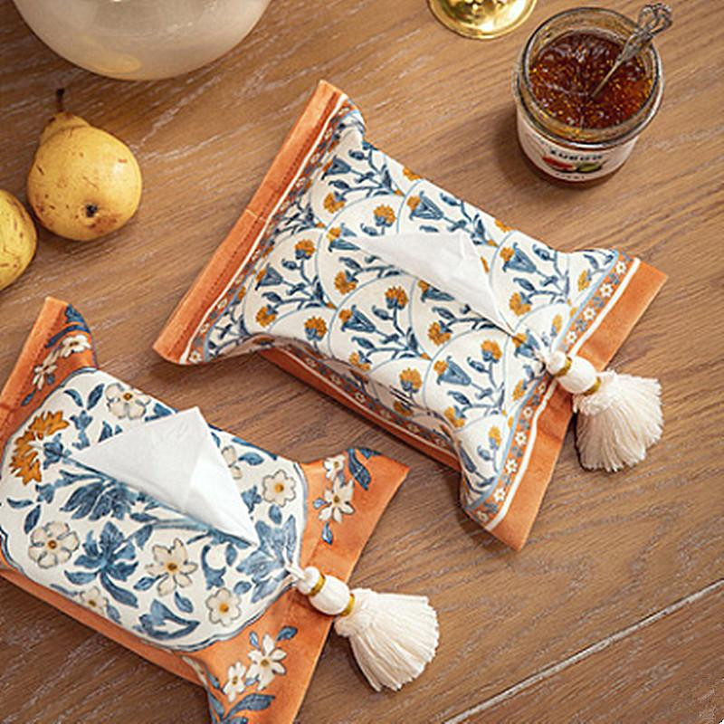 Retro Taschentuchbox aus Stoff mit orientalischem Print und Quaste, B/H: 24 x 18 cm - Bild 2