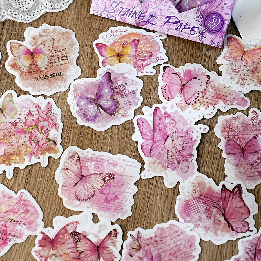 Etori Life Rosa Aquarell-Schmetterlingsaufkleber im Vintage-Ins-Stil, 30 Stück, dekorative Aufkleber aus Papier für Laptops, Wasserflaschen und Fotoalben - Bild 2