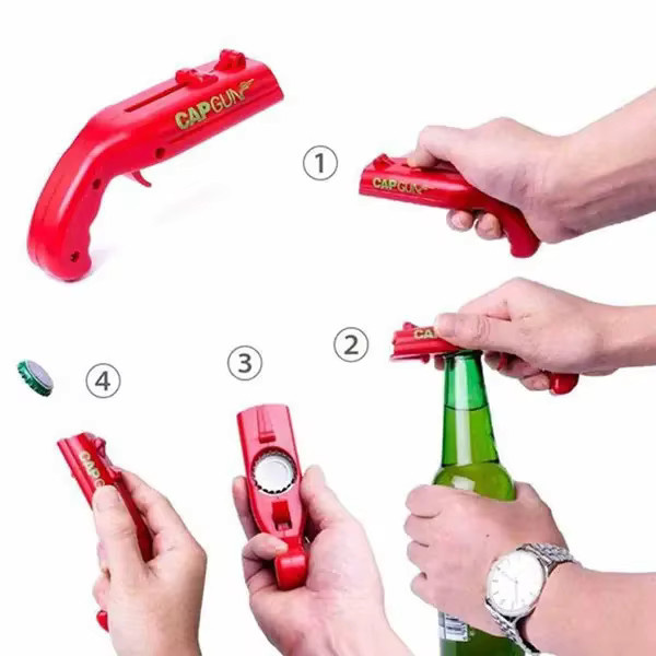 Multifunktionaler Flaschenöffner in Pistolenform aus ABS-Kunststoff in Blau mit Schießspiel für Bierdeckel - Bild 5