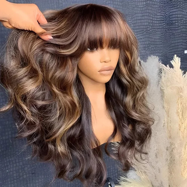 Highlight Body Wave Echthaarperücke mit Pony, 180D Ombre Blonde, Damen - Bild 1