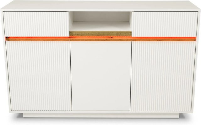 okwish Sideboard mit LED-Beleuchtung in Weiß, modern mit 2 Schubladen und 3 Türen, B/T/H: 140 x 40 x 85 cm - Bild 1