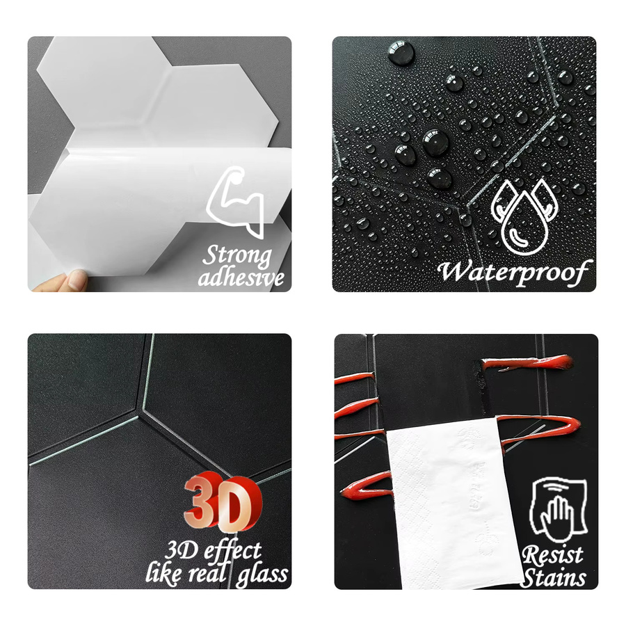 Vividtiles Wandfliesen Aufkleber aus wasserfestem Vinyl in Mattschwarz zum Aufkleben für Küche, Badezimmer und Wohnzimmer (10 Stück) - Bild 5