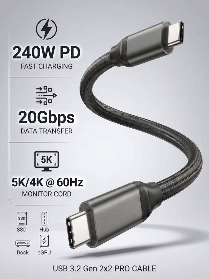 LIEI USB-C 3.2 Gen 2x2 Kabel in Schwarz mit 20Gbps Datenübertragung, 4K@144Hz Monitor-Unterstützung und 240W PD Schnellladung für SSD, Hub, Dock und EGPU - Bild 7