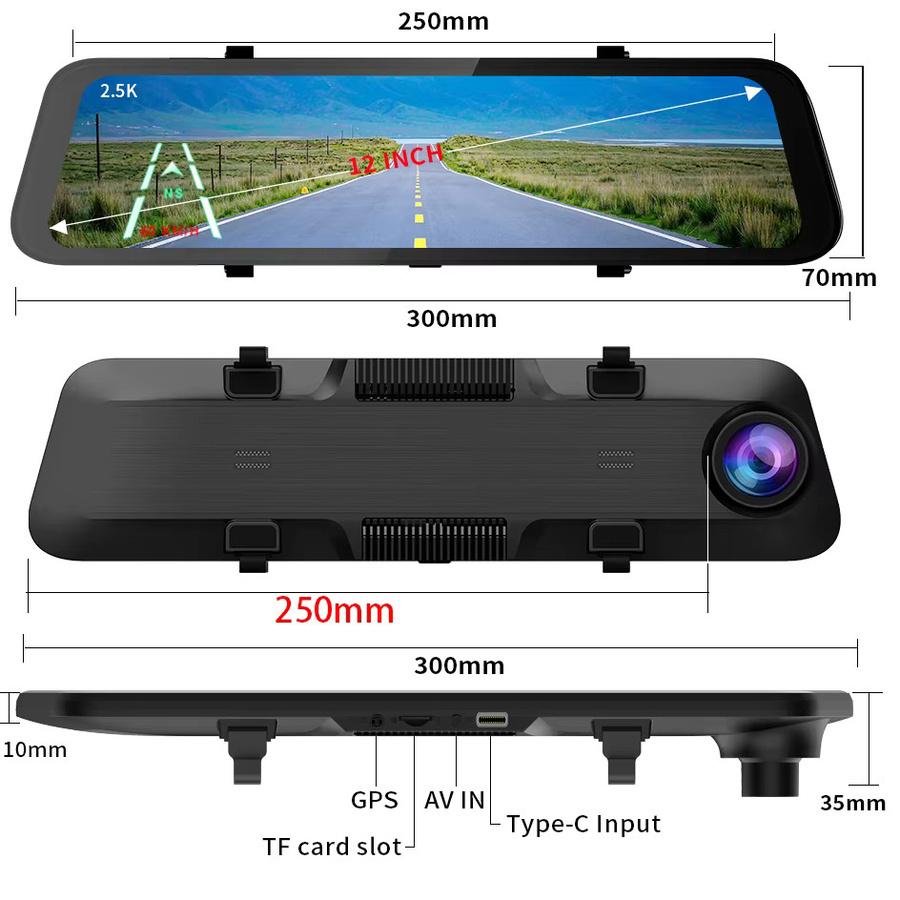 ACCEO Dashcam mit 12-Zoll-Touchscreen als Auto-Rückspiegel Videorecorder inklusive Sony-Rückfahrkamera in Schwarz - Bild 5
