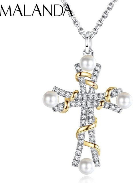 Halskette Malanda, 925 Silber, Perle, Kreuz Anhänger, Damen, weiß - Bild 1